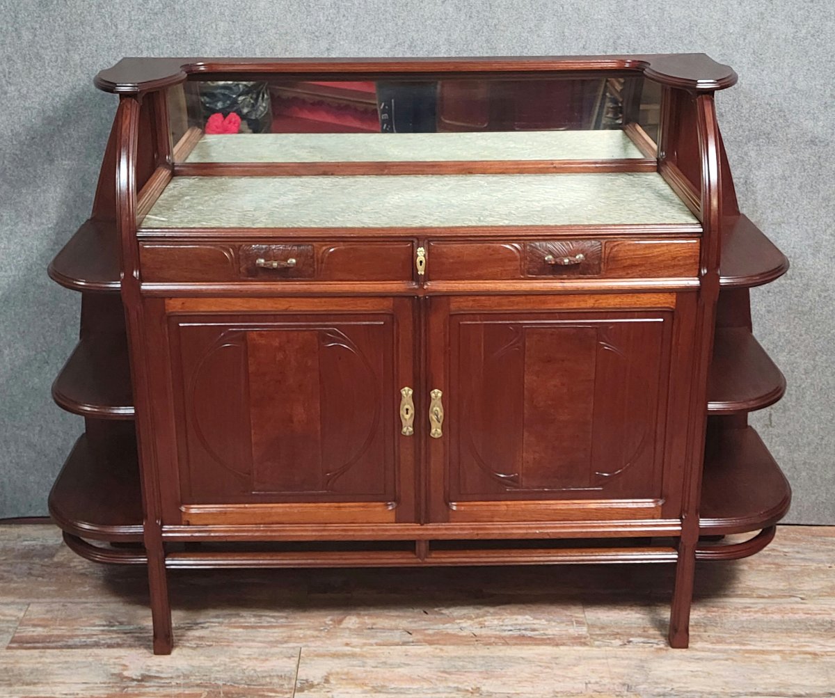 D'après Louis Majorelle : Rare et grand meuble époque Art Nouveau en acajou et cuir gauffré-photo-3