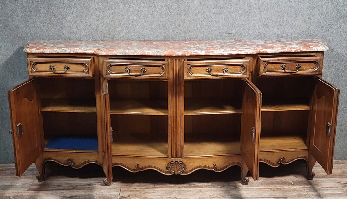 Buffet a pierre en enfilade galbé de style Louis XV, en noyer massif -photo-7