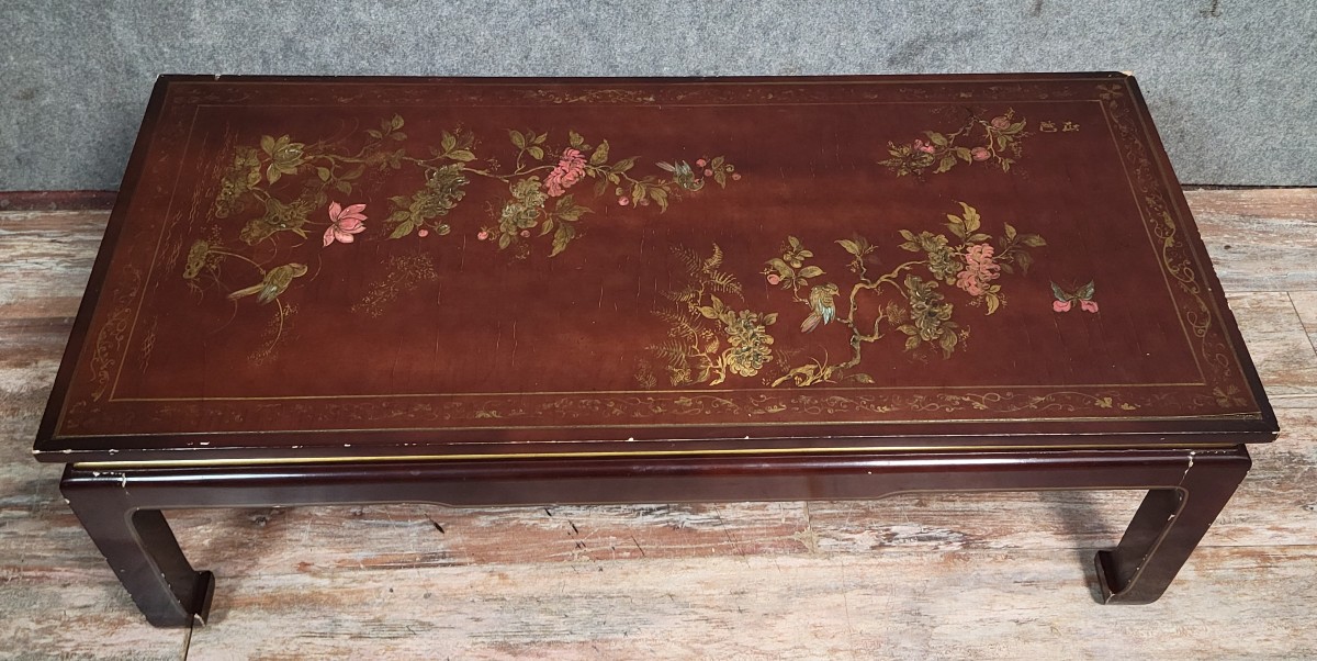 20th Century Asia: Lacquered Coffee Table Decorated With Birds In Flowering Branches  