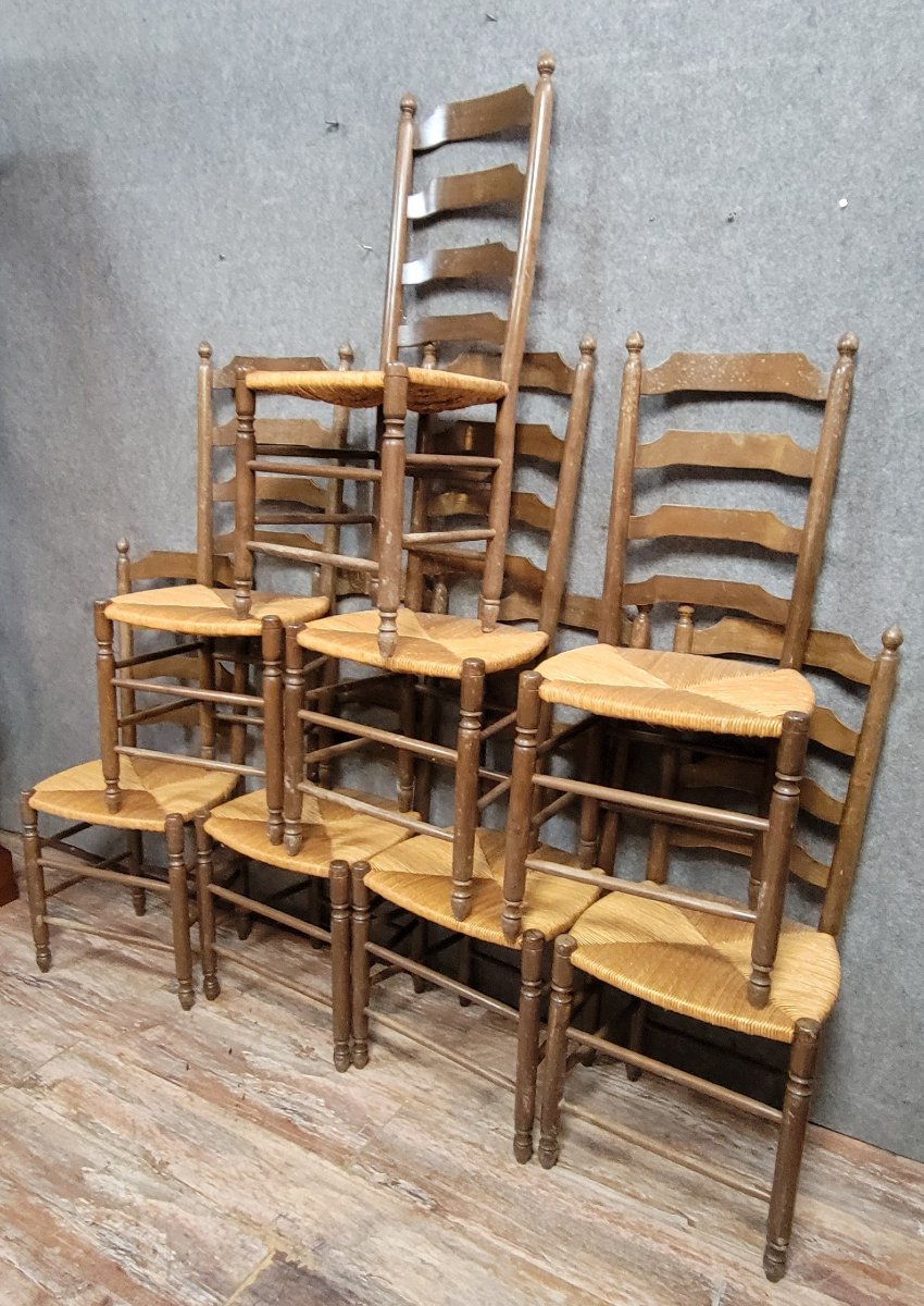 Série de 8 chaises rustiques paillées en hetre teinté époque XXeme -photo-2