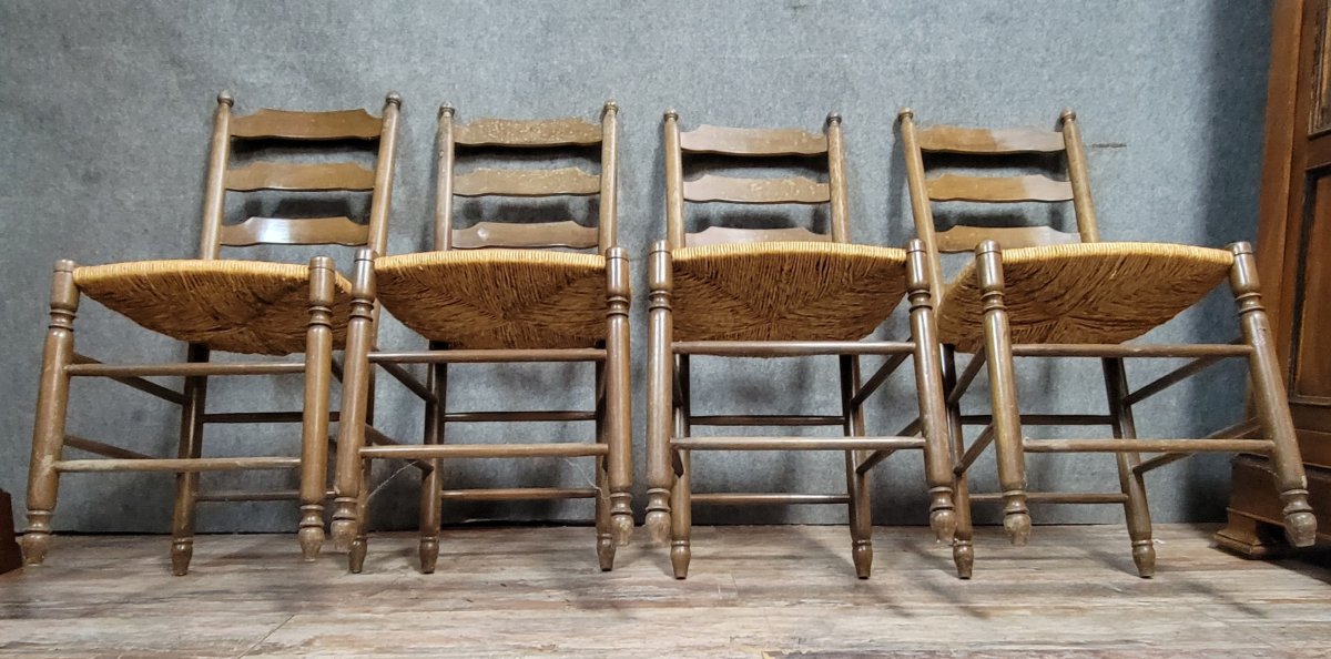 Série de 8 chaises rustiques paillées en hetre teinté époque XXeme -photo-6
