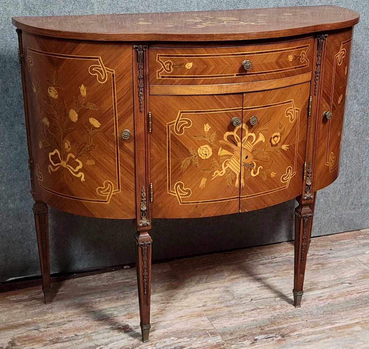 Venetian Half-moon Commode With Doors In Louis XVI Style Marquetry -photo-1