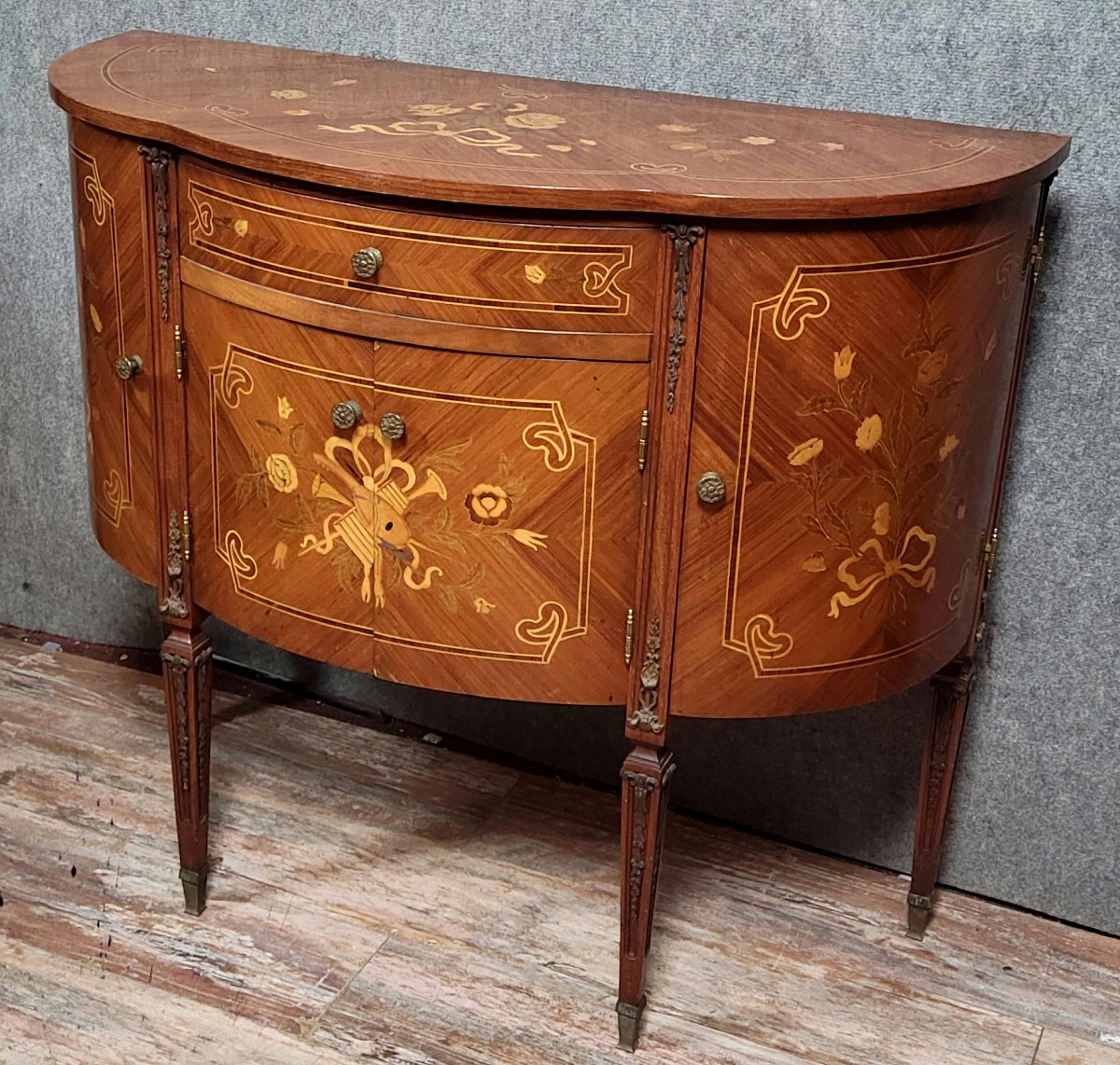 Venetian Half-moon Commode With Doors In Louis XVI Style Marquetry -photo-2
