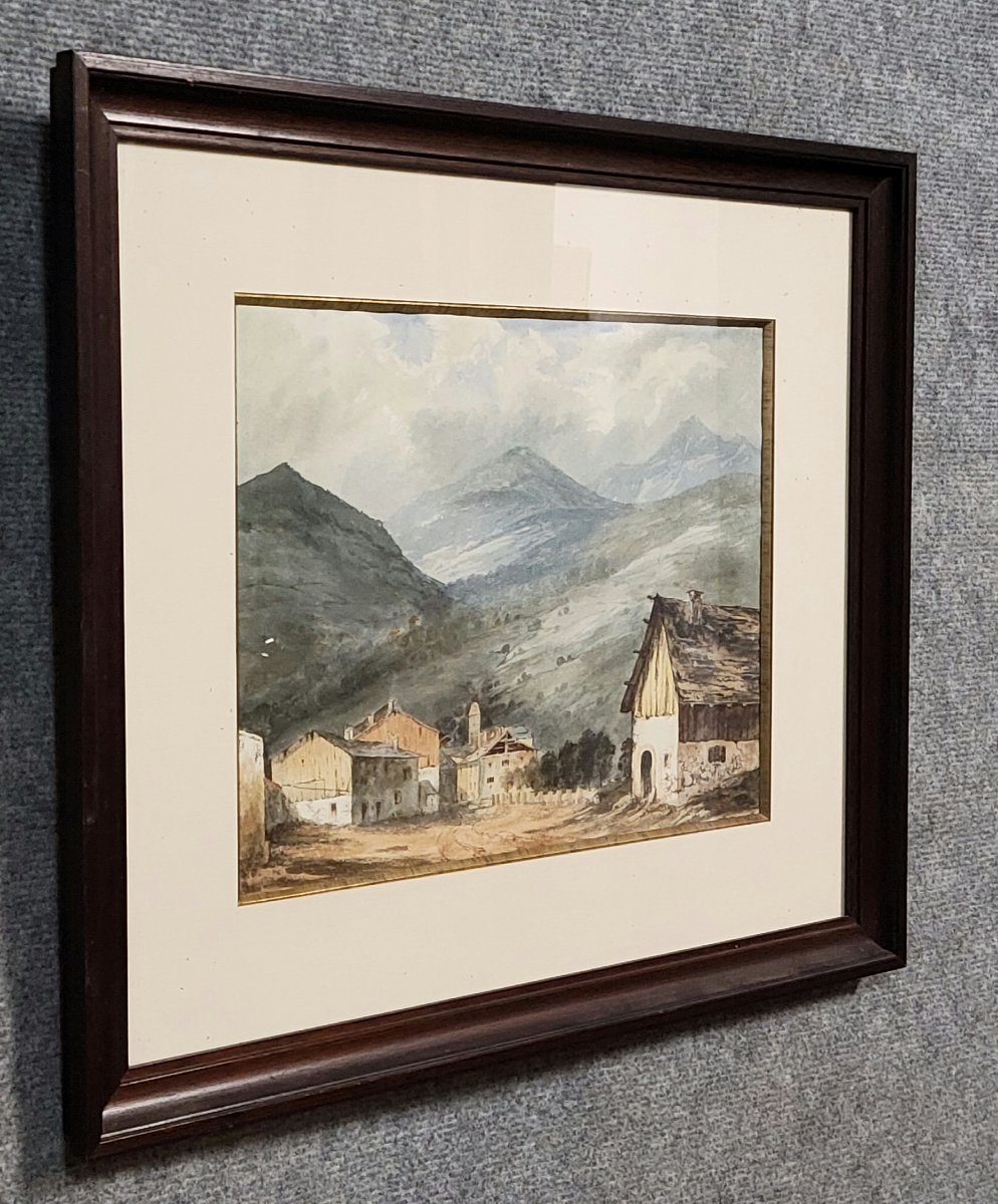 aquarelle époque fin XIXeme représentant un paisible village de montagne-photo-1