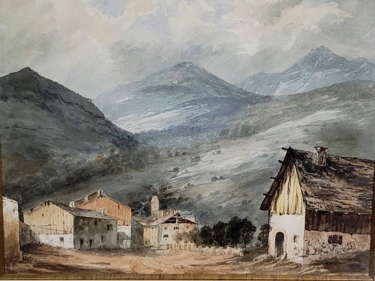 aquarelle époque fin XIXeme représentant un paisible village de montagne-photo-3