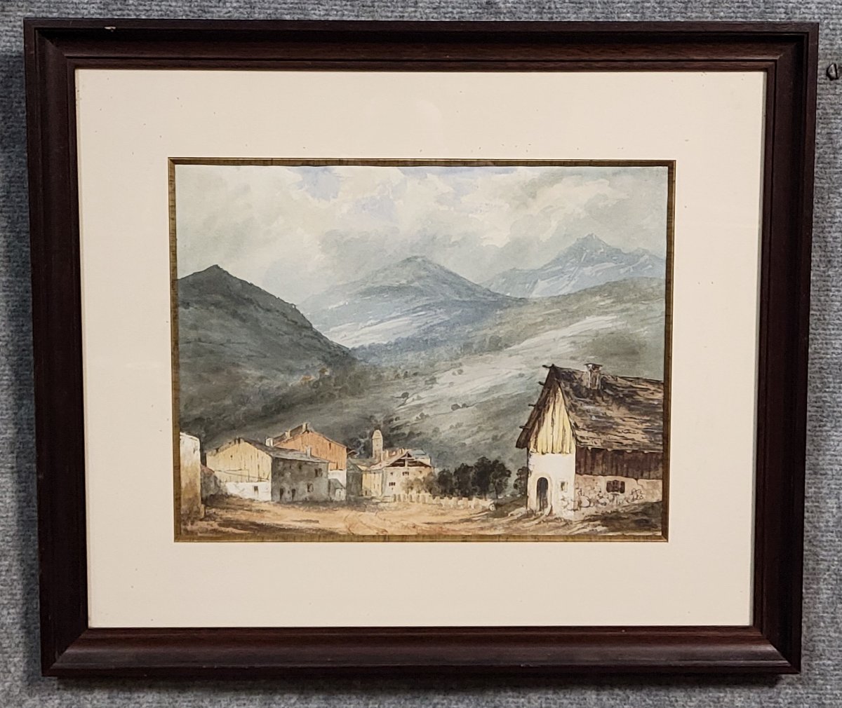 aquarelle époque fin XIXeme représentant un paisible village de montagne-photo-4