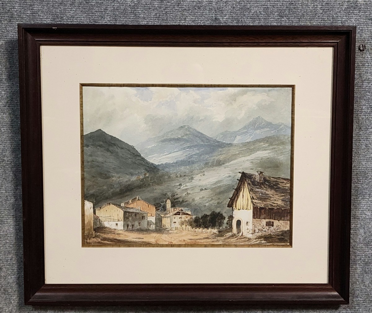 aquarelle époque fin XIXeme représentant un paisible village de montagne