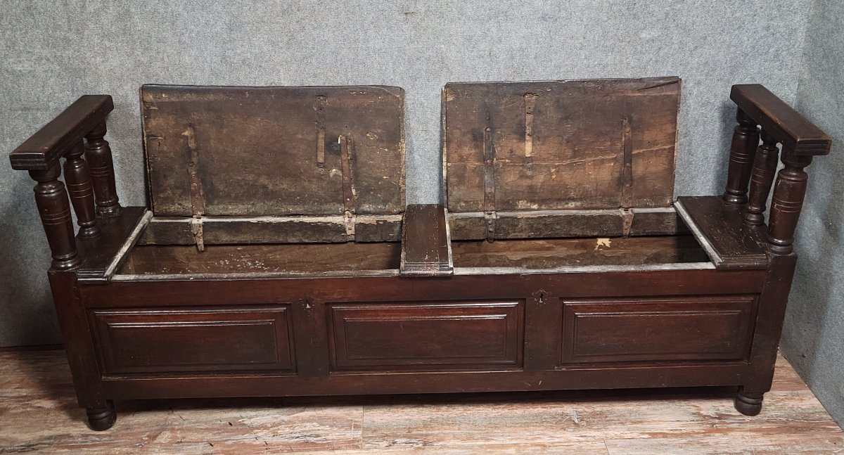Très important banc coffre époque Louis XIV en bois massif / 201 cm de long-photo-6