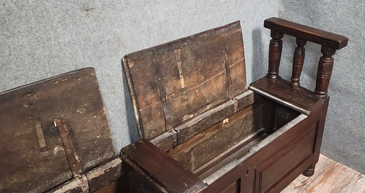 Très important banc coffre époque Louis XIV en bois massif / 201 cm de long-photo-7