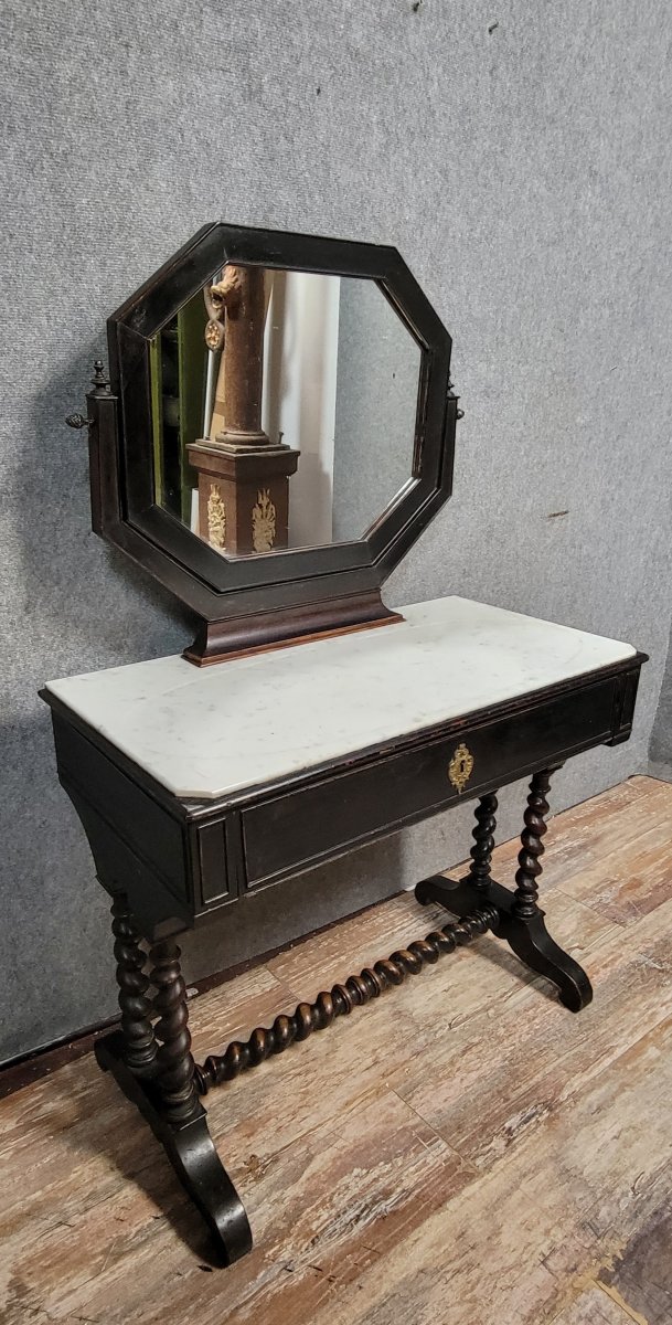 Napoleon III Period Dressing Table In Ebonized Wood, Equipped With A Swiveling Octagonal Mirror-photo-1