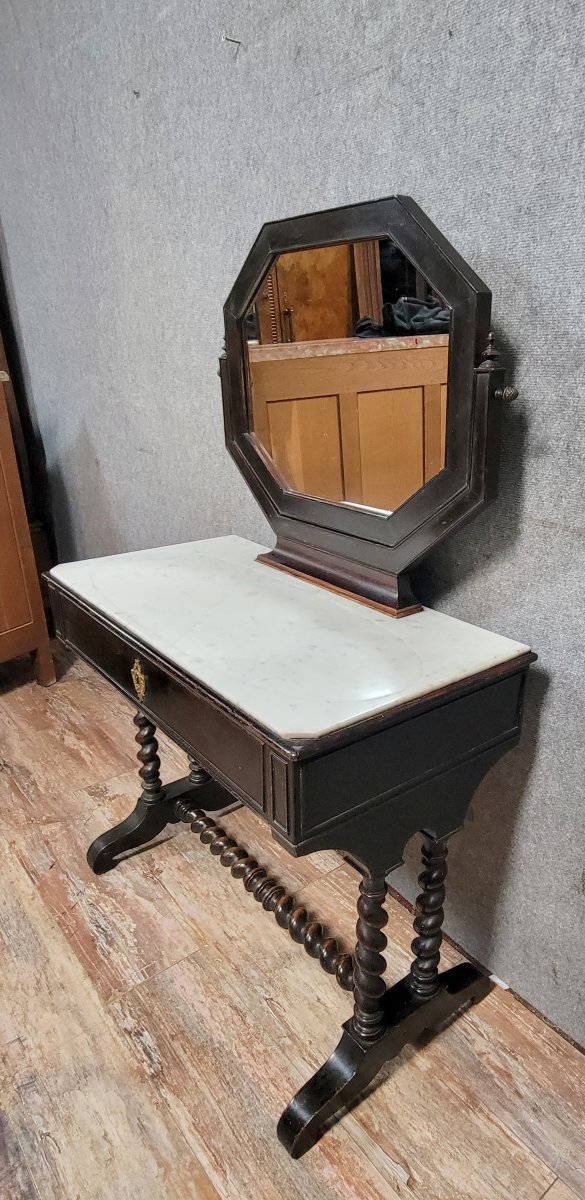Napoleon III Period Dressing Table In Ebonized Wood, Equipped With A Swiveling Octagonal Mirror-photo-2