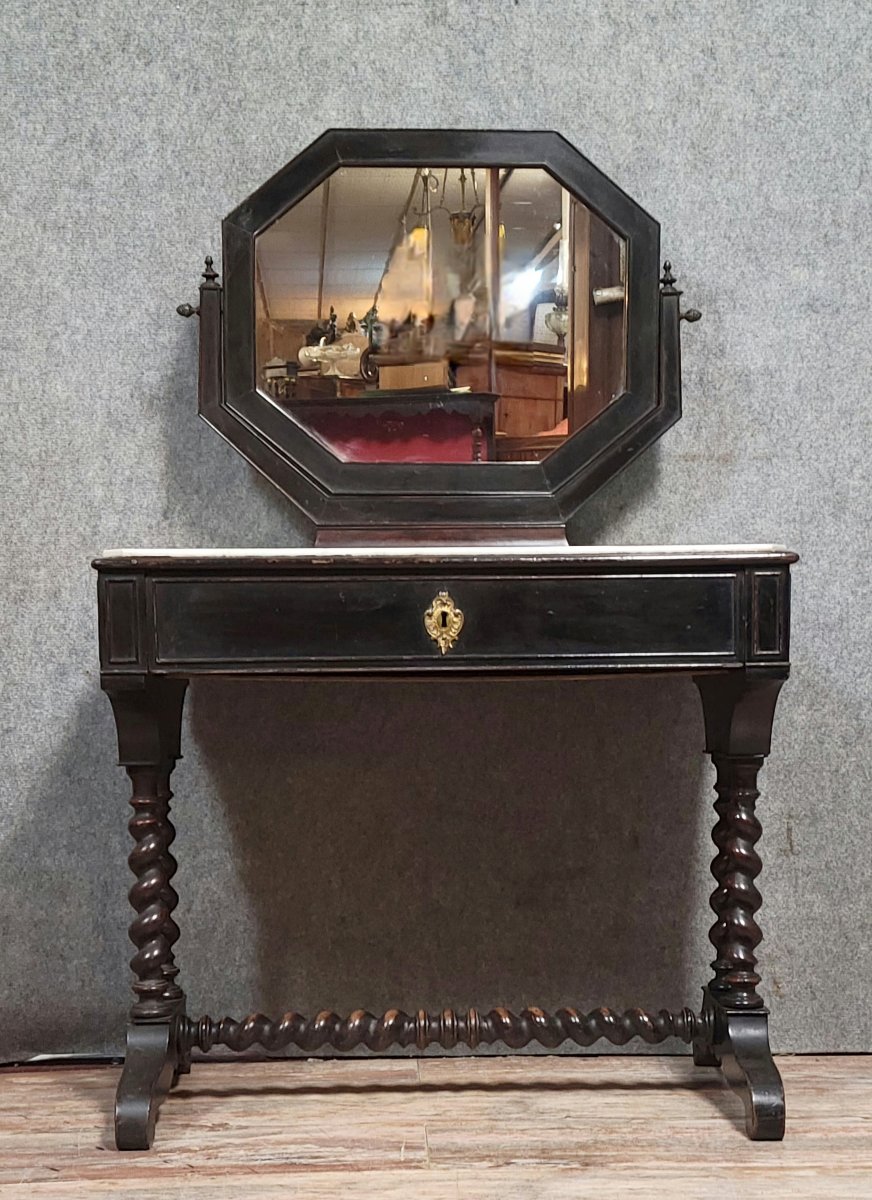 Napoleon III Period Dressing Table In Ebonized Wood, Equipped With A Swiveling Octagonal Mirror-photo-5