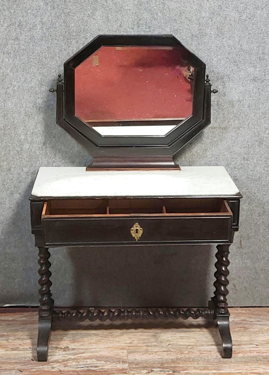 Napoleon III Period Dressing Table In Ebonized Wood, Equipped With A Swiveling Octagonal Mirror-photo-8