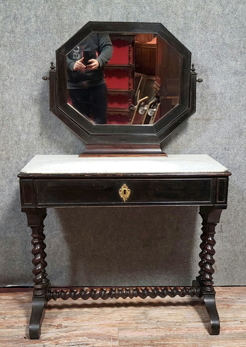 Napoleon III Period Dressing Table In Ebonized Wood, Equipped With A Swiveling Octagonal Mirror