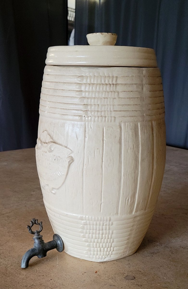 Stoneware Pasteurizer By Maille, Barrel-shaped Model, With Original Metal Tap -photo-1