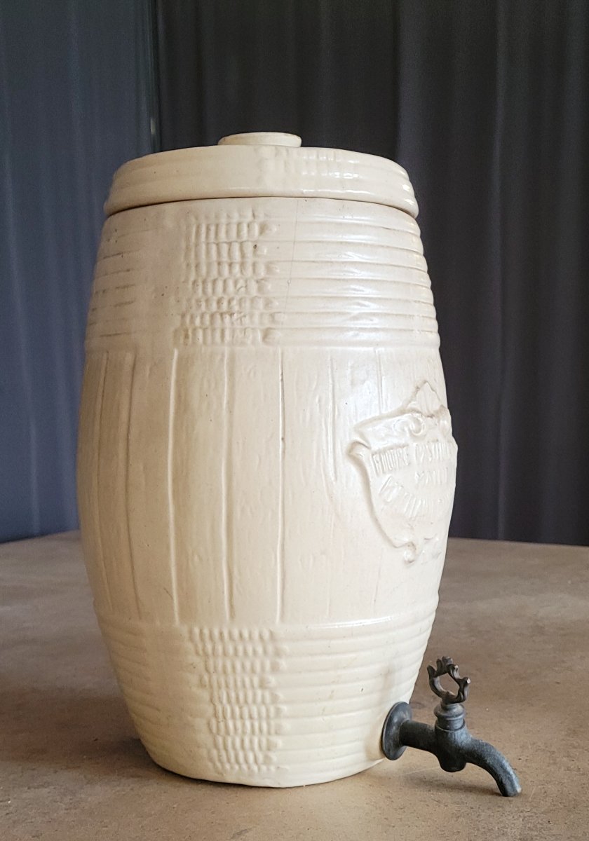 Stoneware Pasteurizer By Maille, Barrel-shaped Model, With Original Metal Tap -photo-2