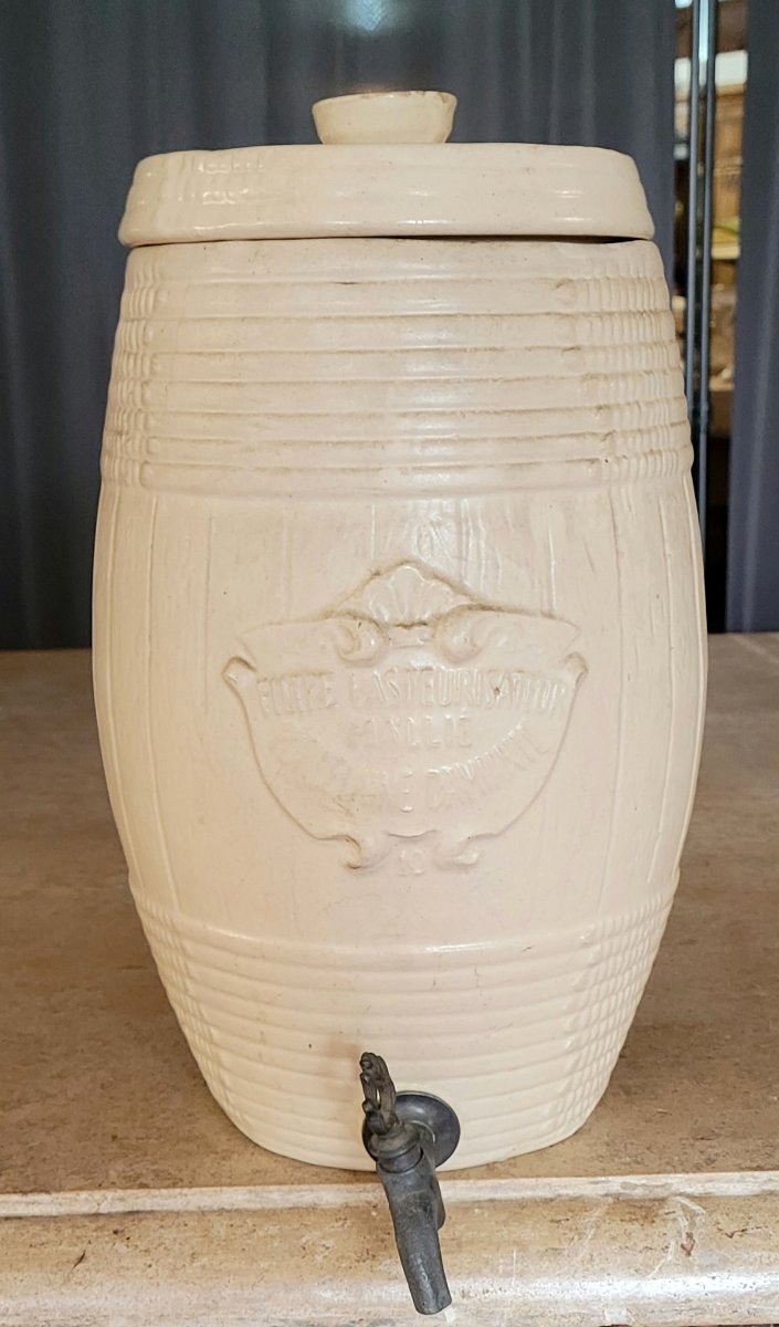 Stoneware Pasteurizer By Maille, Barrel-shaped Model, With Original Metal Tap -photo-5