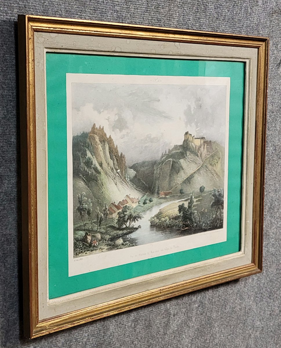 A Joly 1828: Color Engraving Of A View Of The Château De Joux In The Doubs Region -photo-1