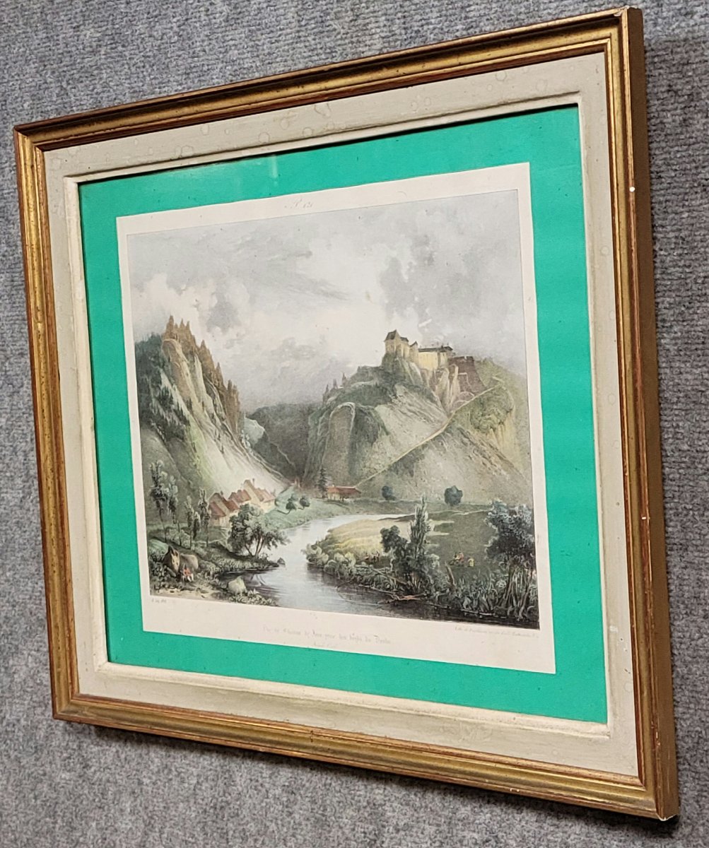 A Joly 1828: Color Engraving Of A View Of The Château De Joux In The Doubs Region -photo-2