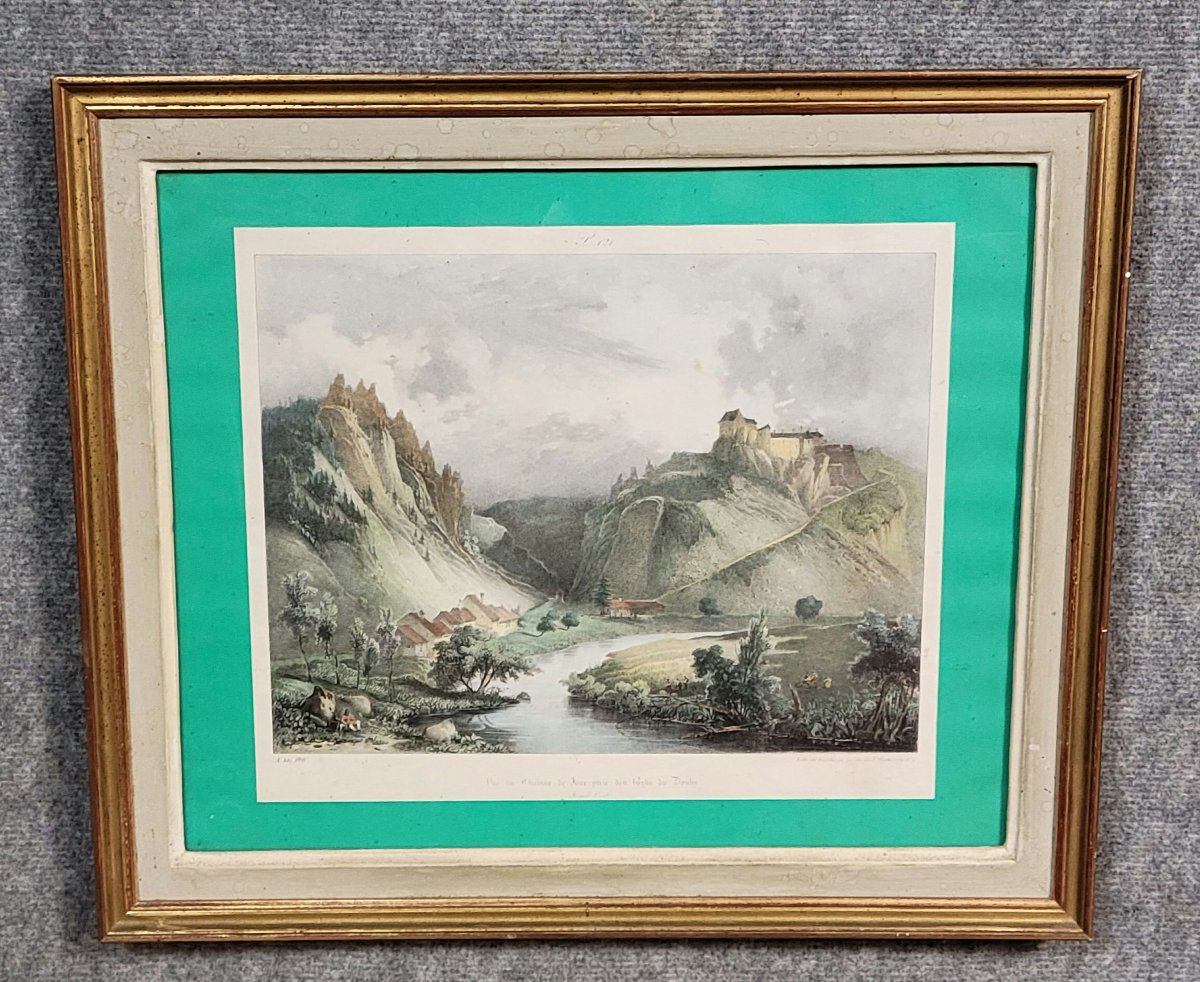 A Joly 1828: Color Engraving Of A View Of The Château De Joux In The Doubs Region -photo-3
