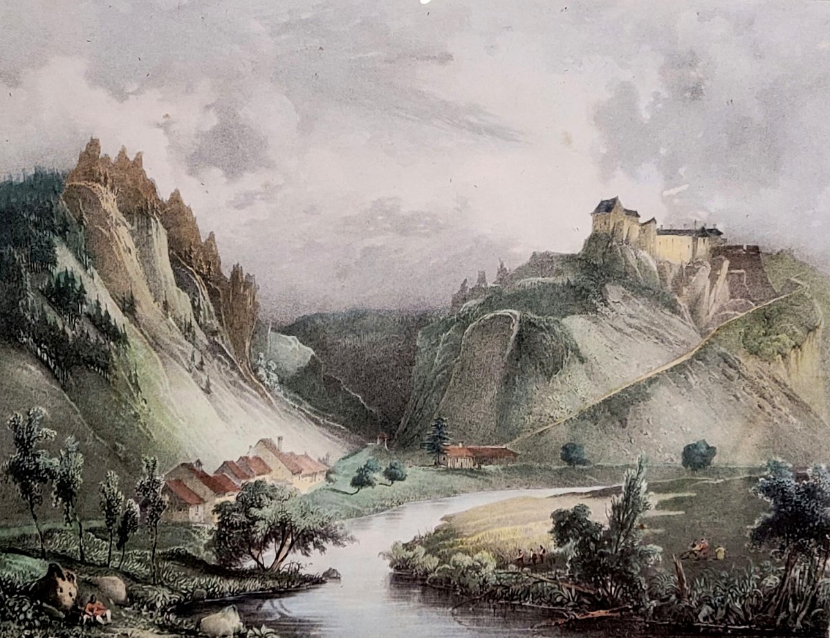 A Joly 1828: Color Engraving Of A View Of The Château De Joux In The Doubs Region -photo-4