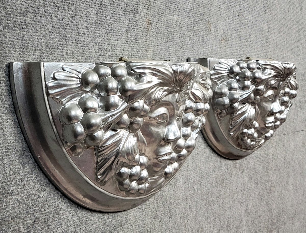 Pair Of Art Deco Style Wall Sconces In Silvered Plaster-photo-1
