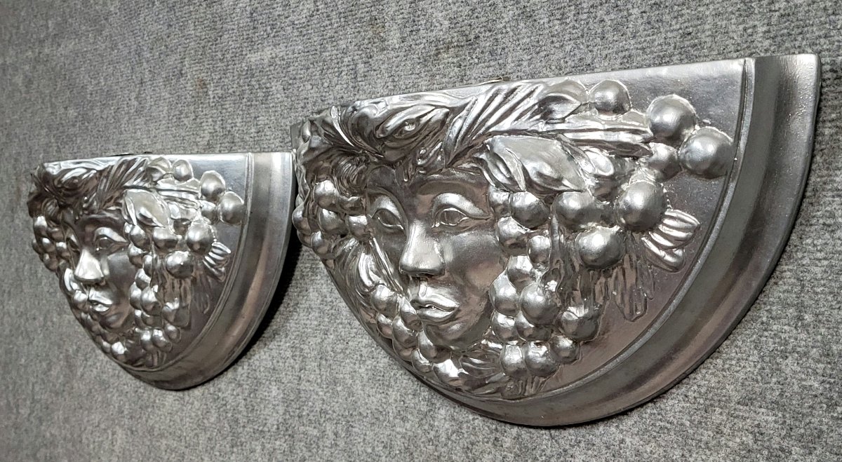 Pair Of Art Deco Style Wall Sconces In Silvered Plaster-photo-2