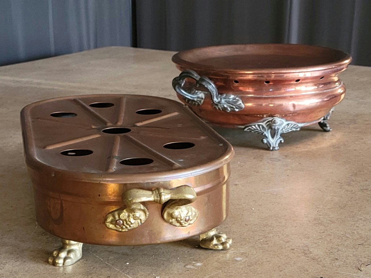 Two Antique Copper Food Warmers With Finely Crafted Feet / Bronze And Silver-plated Metal-photo-3