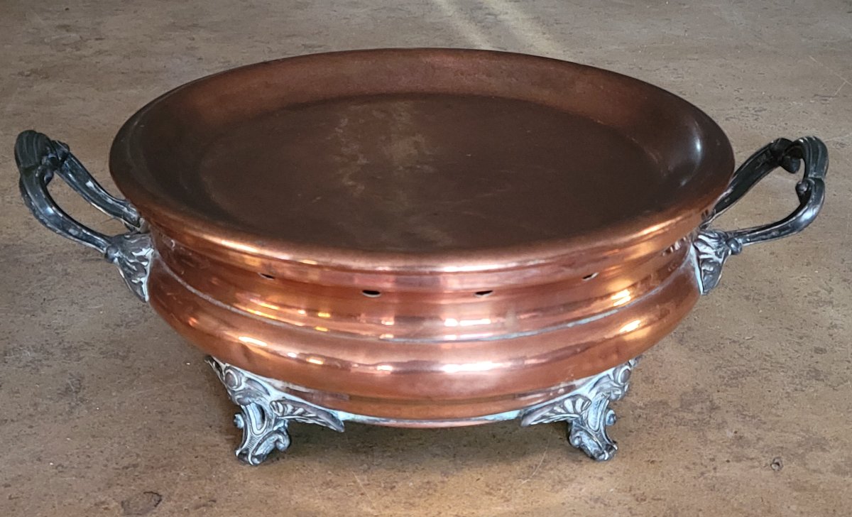 Two Antique Copper Food Warmers With Finely Crafted Feet / Bronze And Silver-plated Metal-photo-5