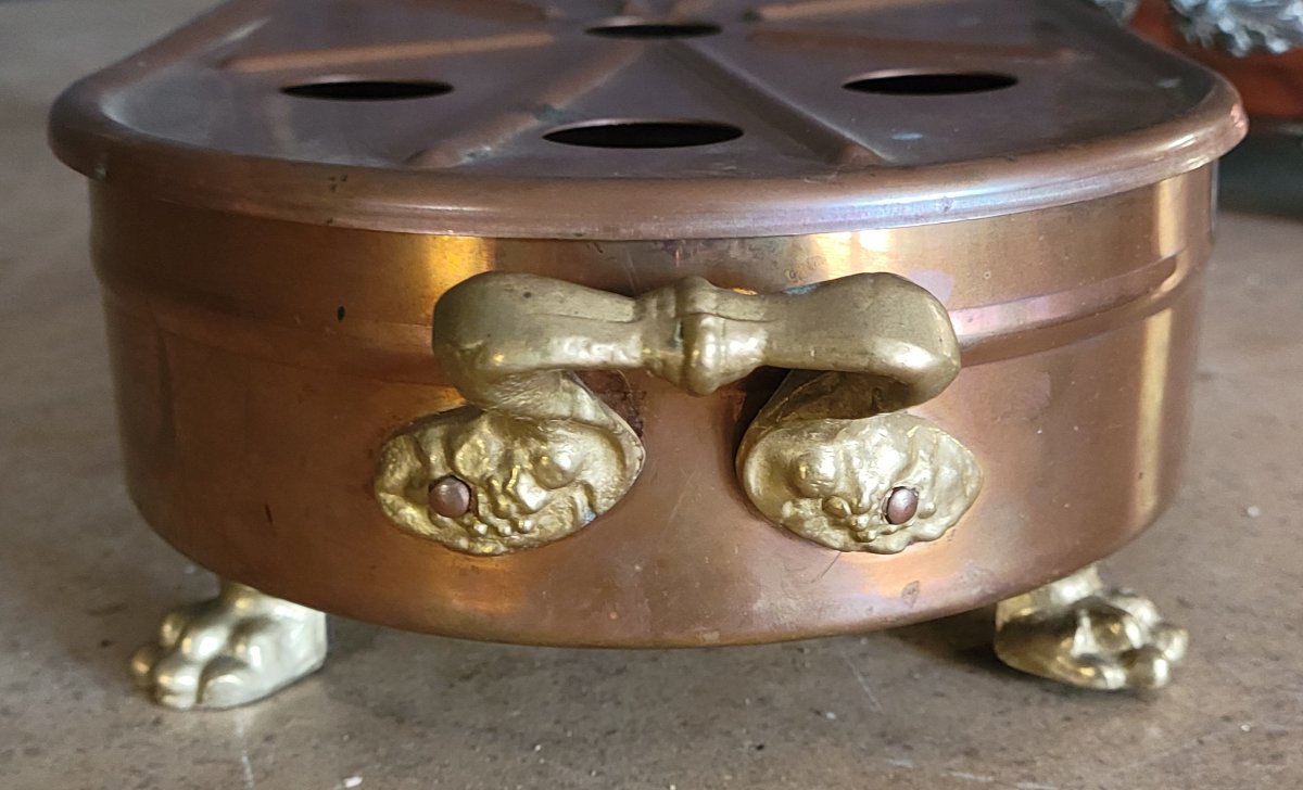 Two Antique Copper Food Warmers With Finely Crafted Feet / Bronze And Silver-plated Metal-photo-6