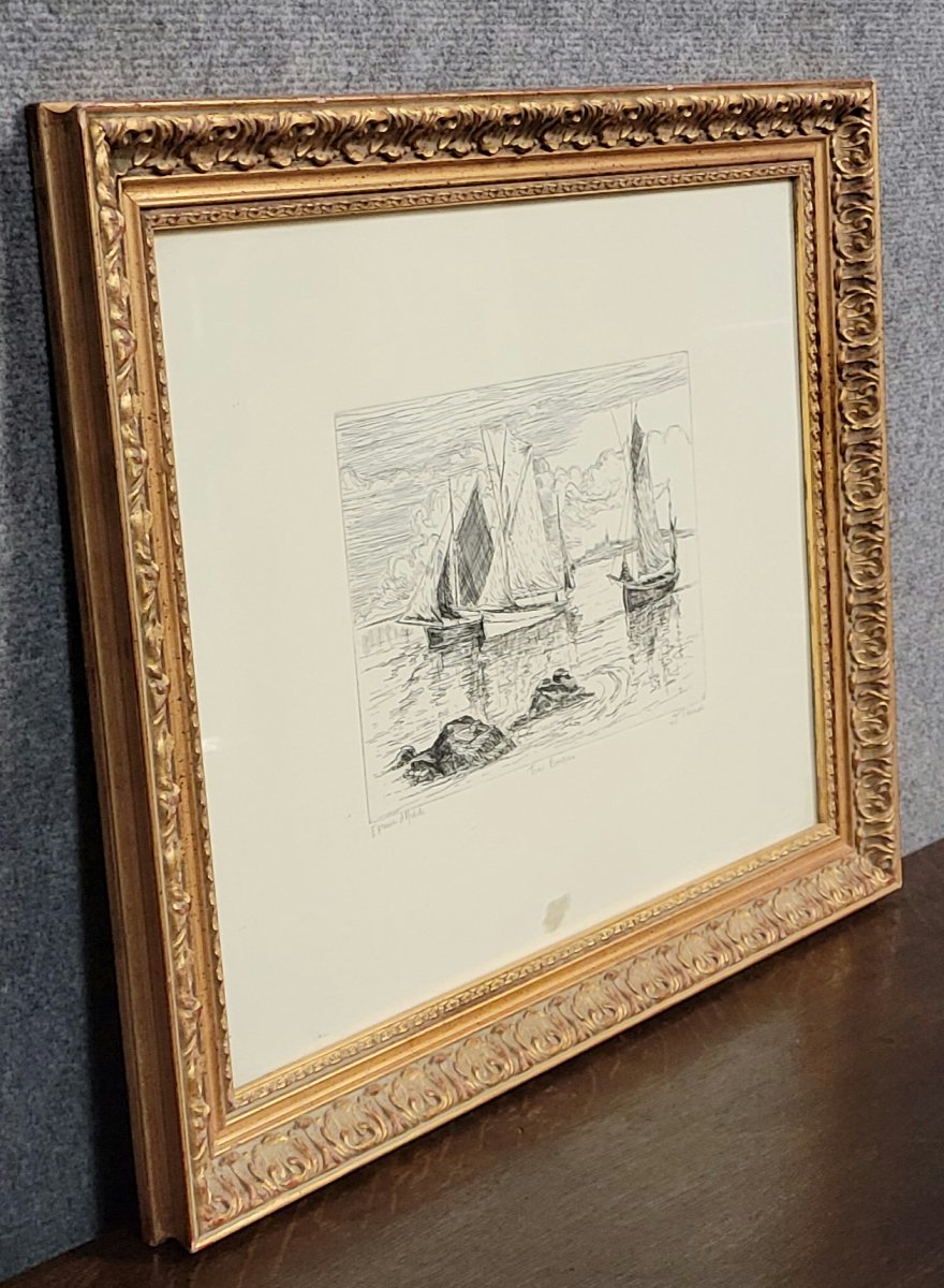 J Thomas: Black And White Engraving Depicting Boats At Sea  -photo-1