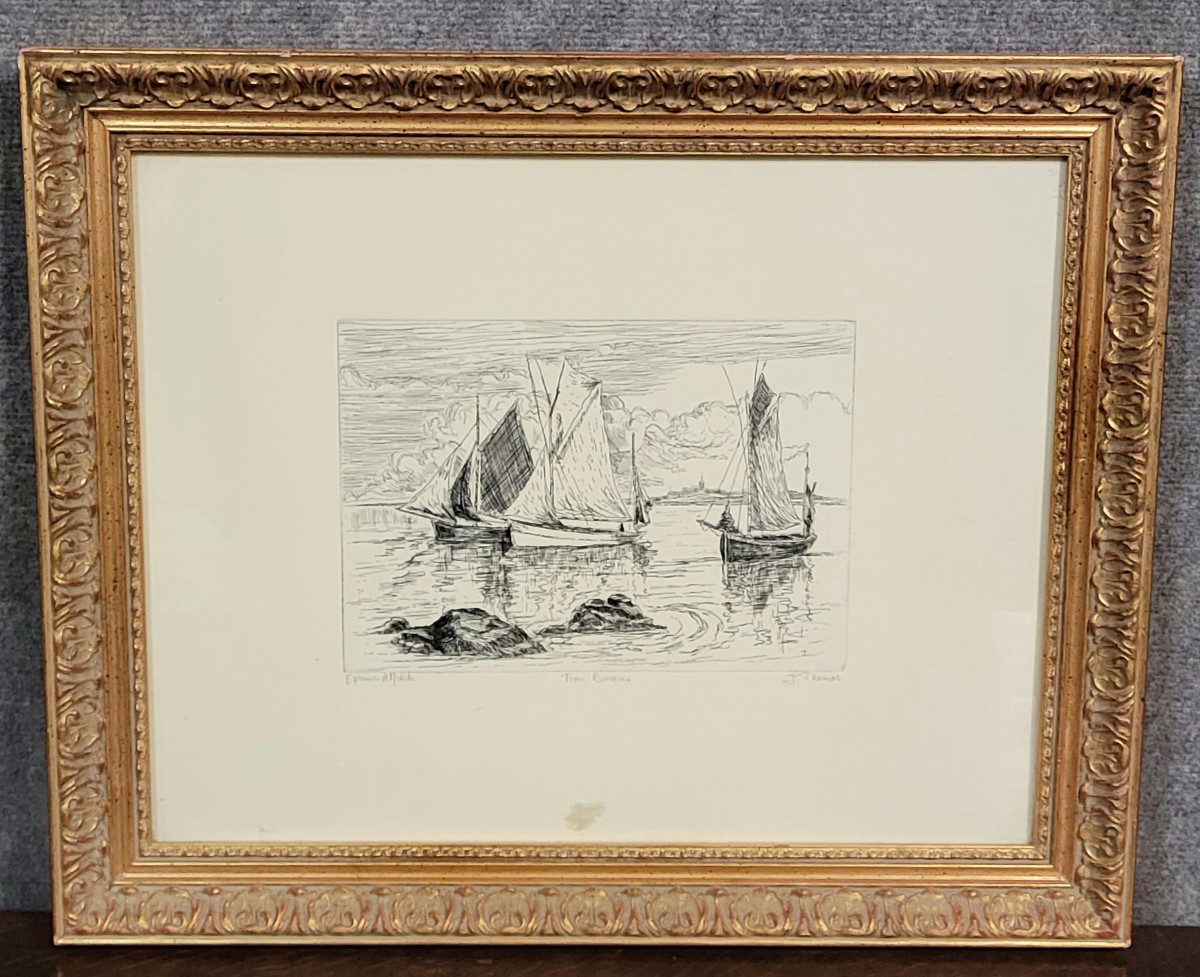 J Thomas: Black And White Engraving Depicting Boats At Sea  