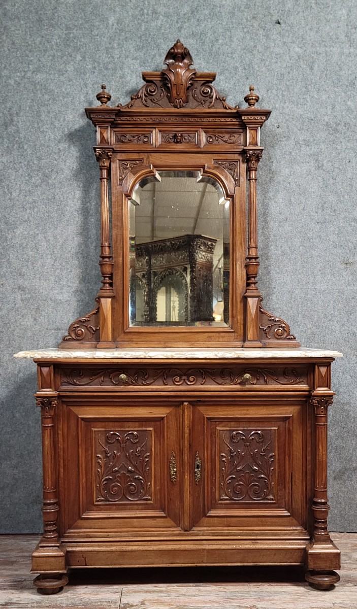 Renaissance-style Sideboard With Mirror, Made Entirely Of Solid Walnut 