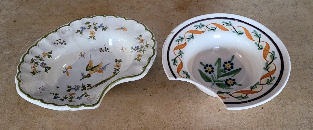 Two Antique Hand-painted Earthenware Shaving Dishes -photo-1