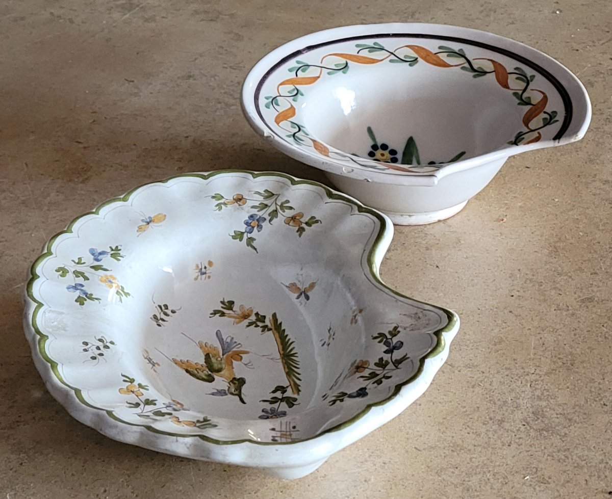 Two Antique Hand-painted Earthenware Shaving Dishes -photo-2