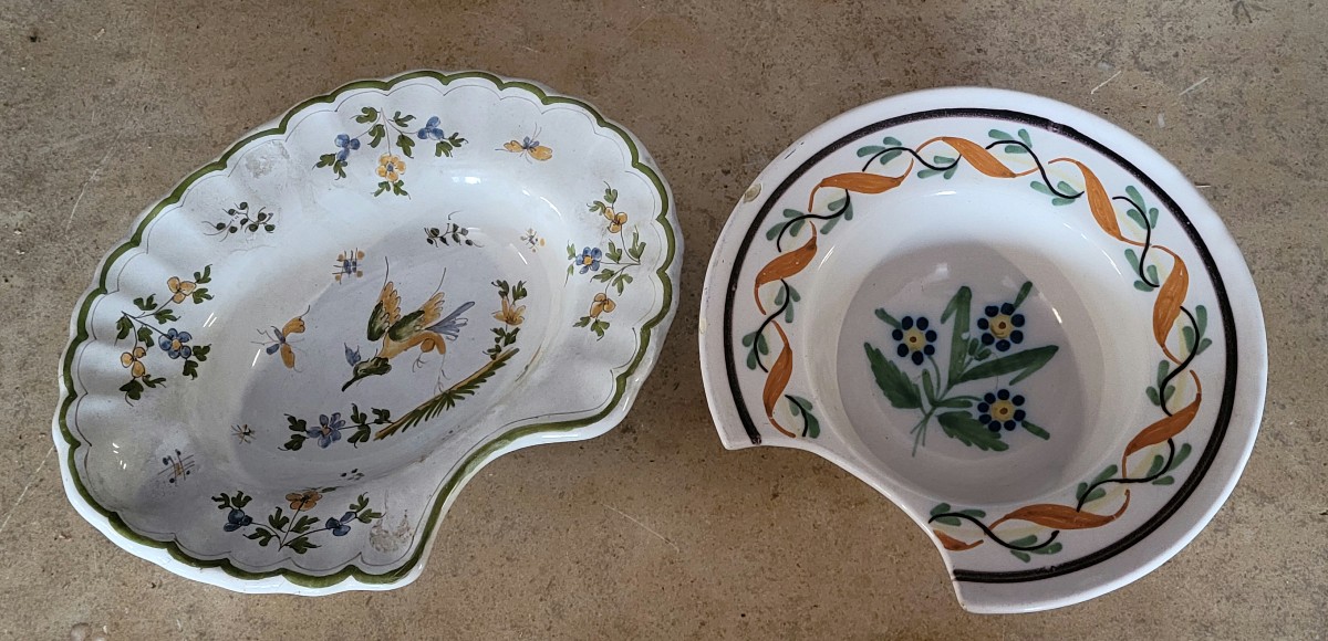 Two Antique Hand-painted Earthenware Shaving Dishes 