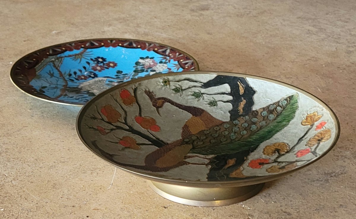 Asia Circa 1900: Two Cloisonné Plates In Enameled Brass, Decorated With Birds On Branches-photo-3