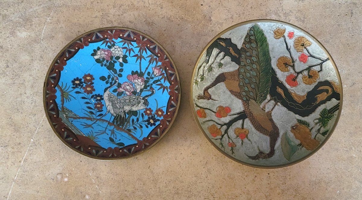 Asia Circa 1900: Two Cloisonné Plates In Enameled Brass, Decorated With Birds On Branches-photo-5