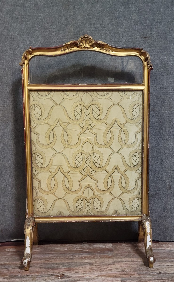 Antique Louis XV Style Fire Screen, In Carved And Gilded Wood, In Need Of Restoration