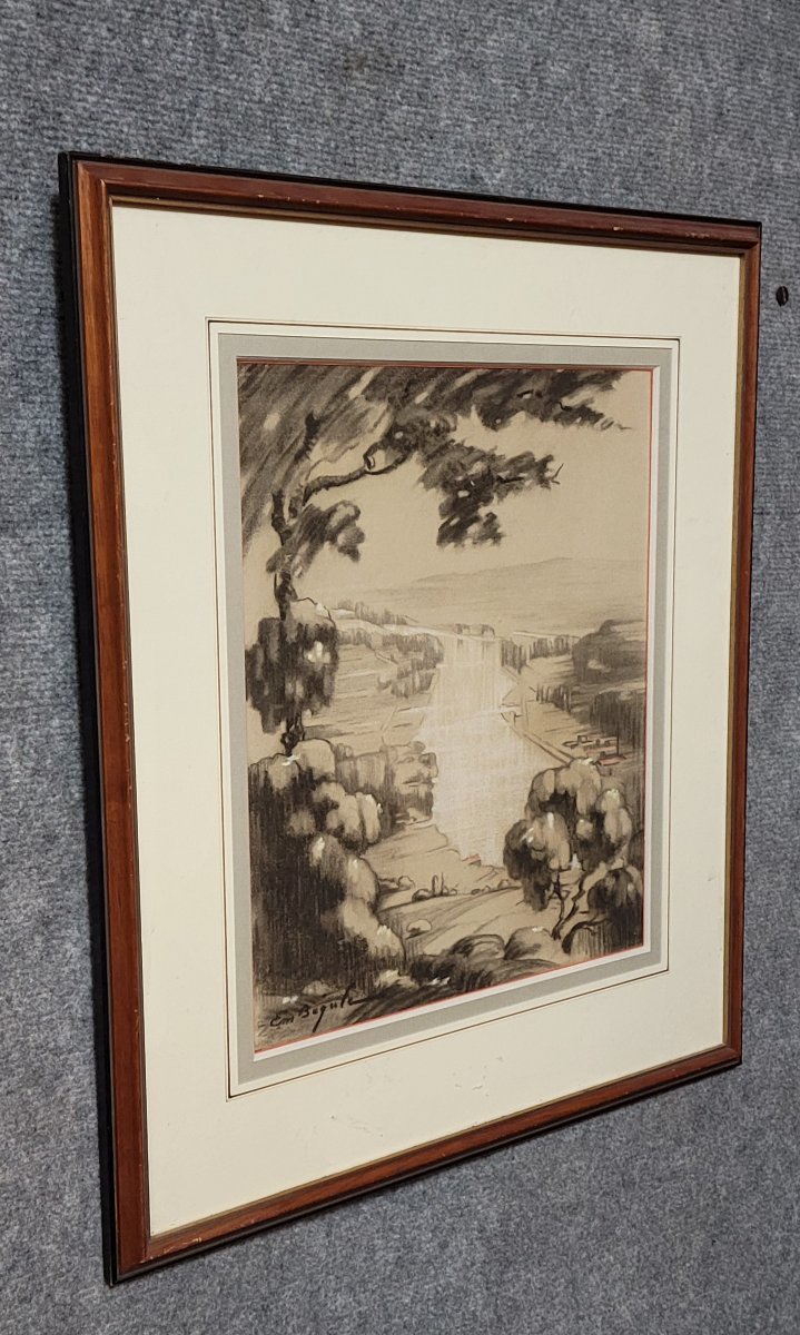 Antique Drawing Depicting A Hilly Landscape Rendered In Graphite And Charcoal-photo-1