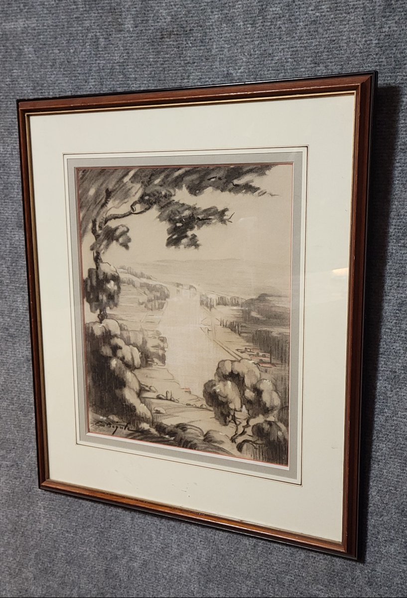 Antique Drawing Depicting A Hilly Landscape Rendered In Graphite And Charcoal-photo-2