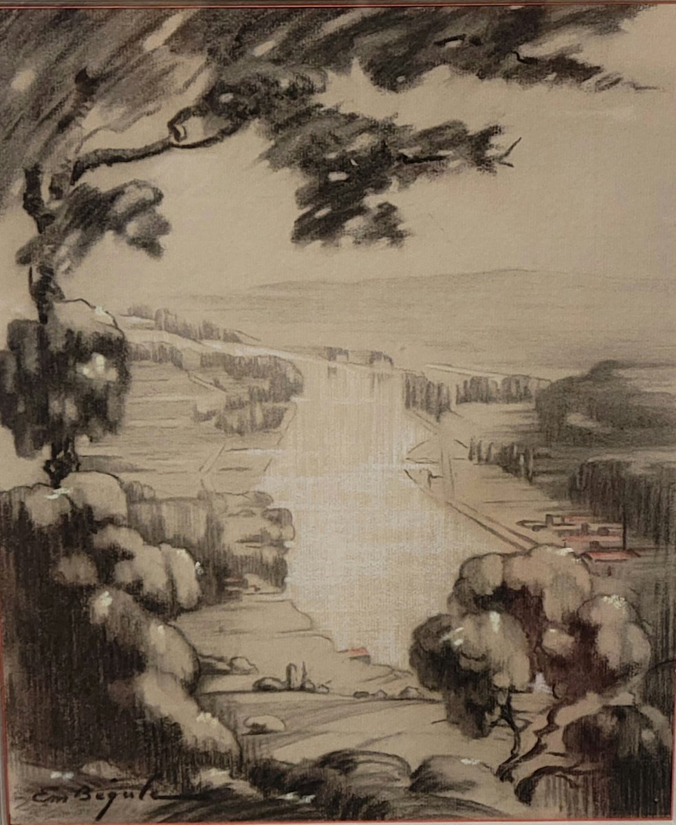 Antique Drawing Depicting A Hilly Landscape Rendered In Graphite And Charcoal-photo-3