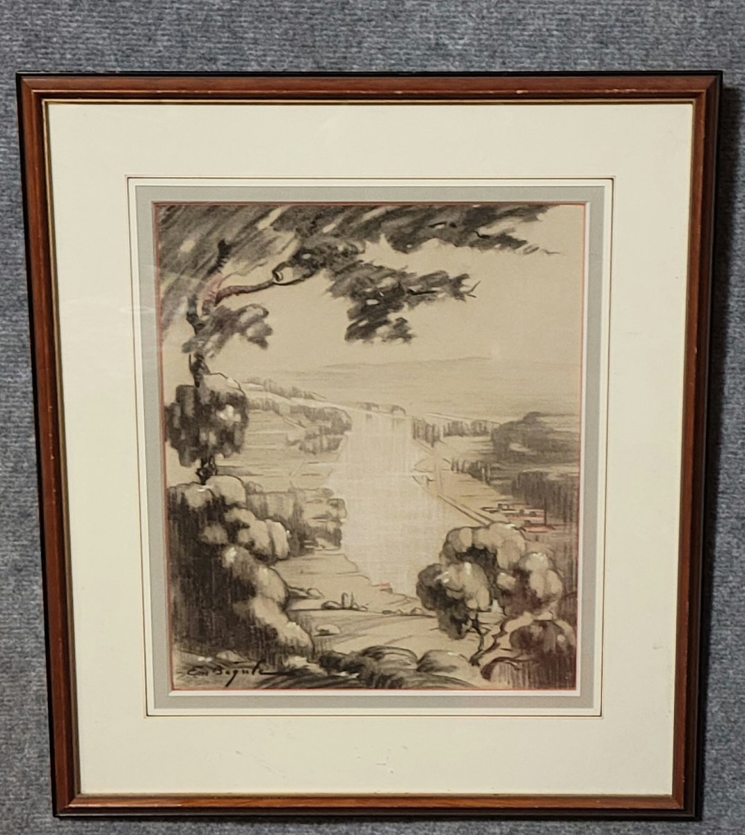 Antique Drawing Depicting A Hilly Landscape Rendered In Graphite And Charcoal-photo-5