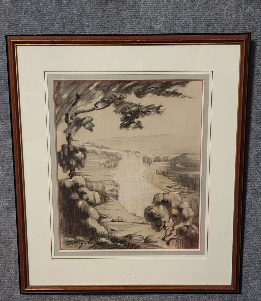 Antique Drawing Depicting A Hilly Landscape Rendered In Graphite And Charcoal