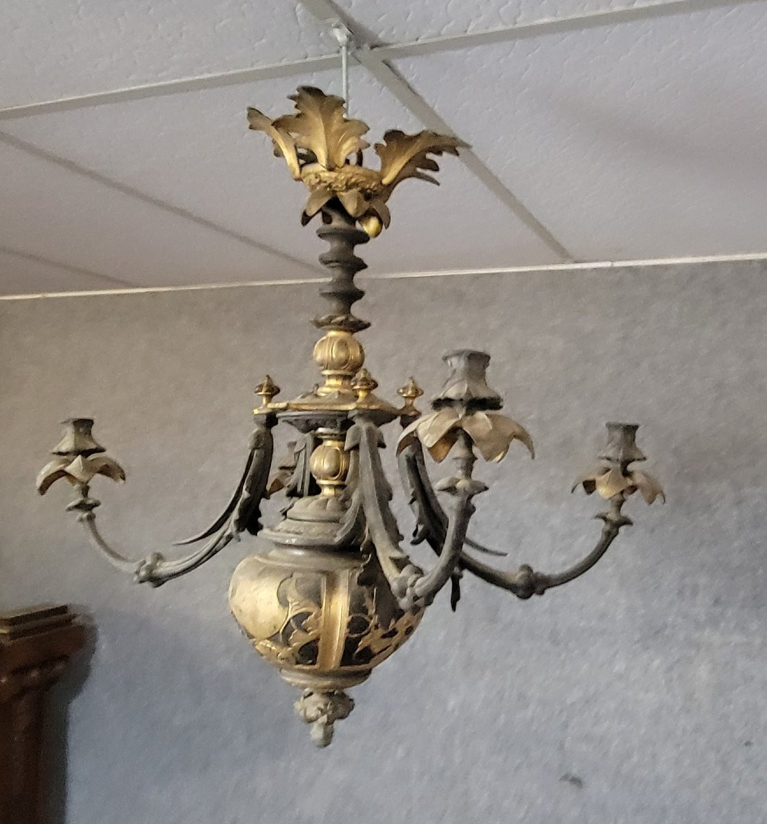 lustre ancien époque Napoléon III  en bronze et laiton doré-photo-2