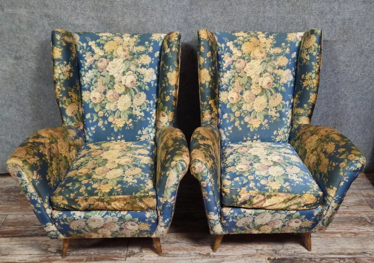 Paolo Buffa Italy: Pair Of Vintage Armchairs With Wrap-around Backrests, Circa 1950-photo-2
