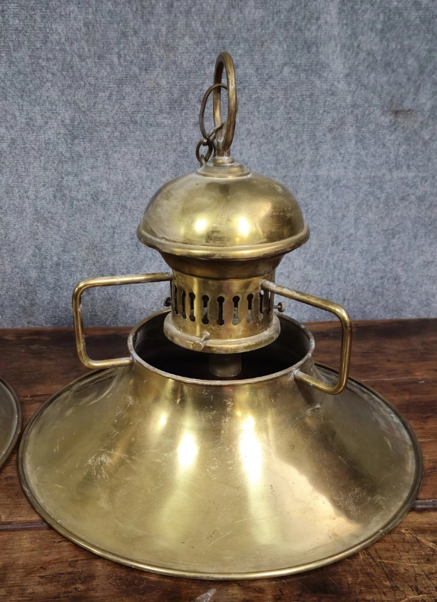 Paire de suspensions de marine anciennes en laiton doré-photo-4