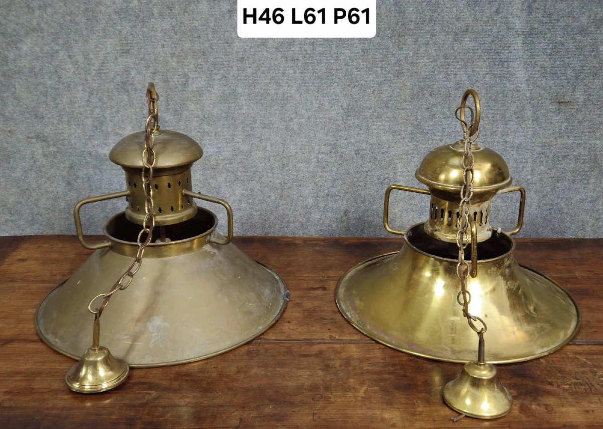 Paire de suspensions de marine anciennes en laiton doré-photo-8