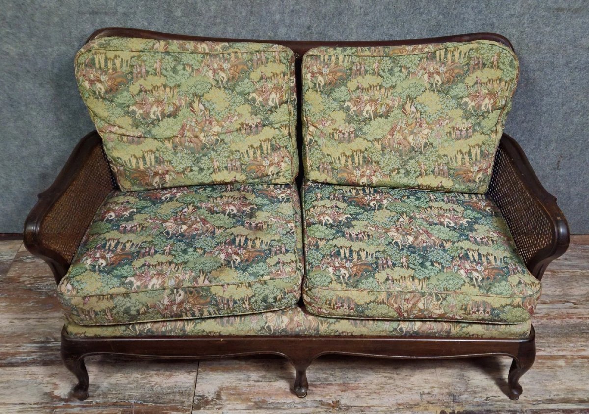 English 2-seater Sofa, Carved Wooden Frame With Caned Sides And Back-photo-3
