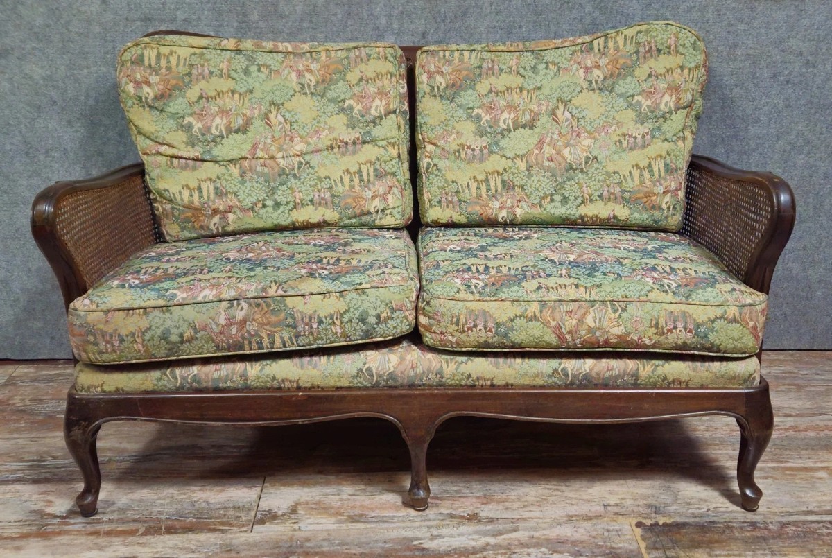 English 2-seater Sofa, Carved Wooden Frame With Caned Sides And Back